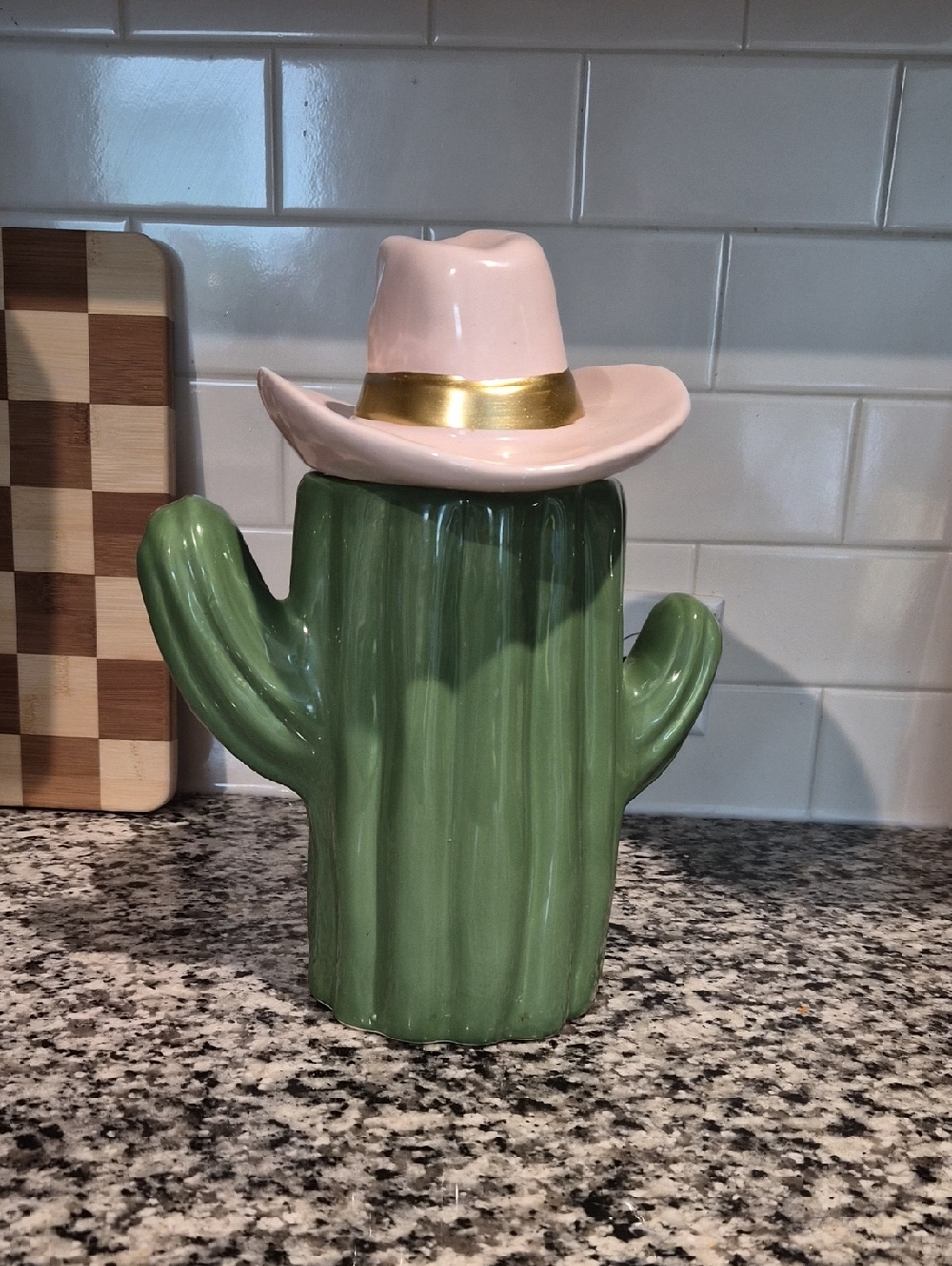 Green Ceramic Cactus Cookie Jar with Pink Hat Cowgirl Cactus 12" Tall